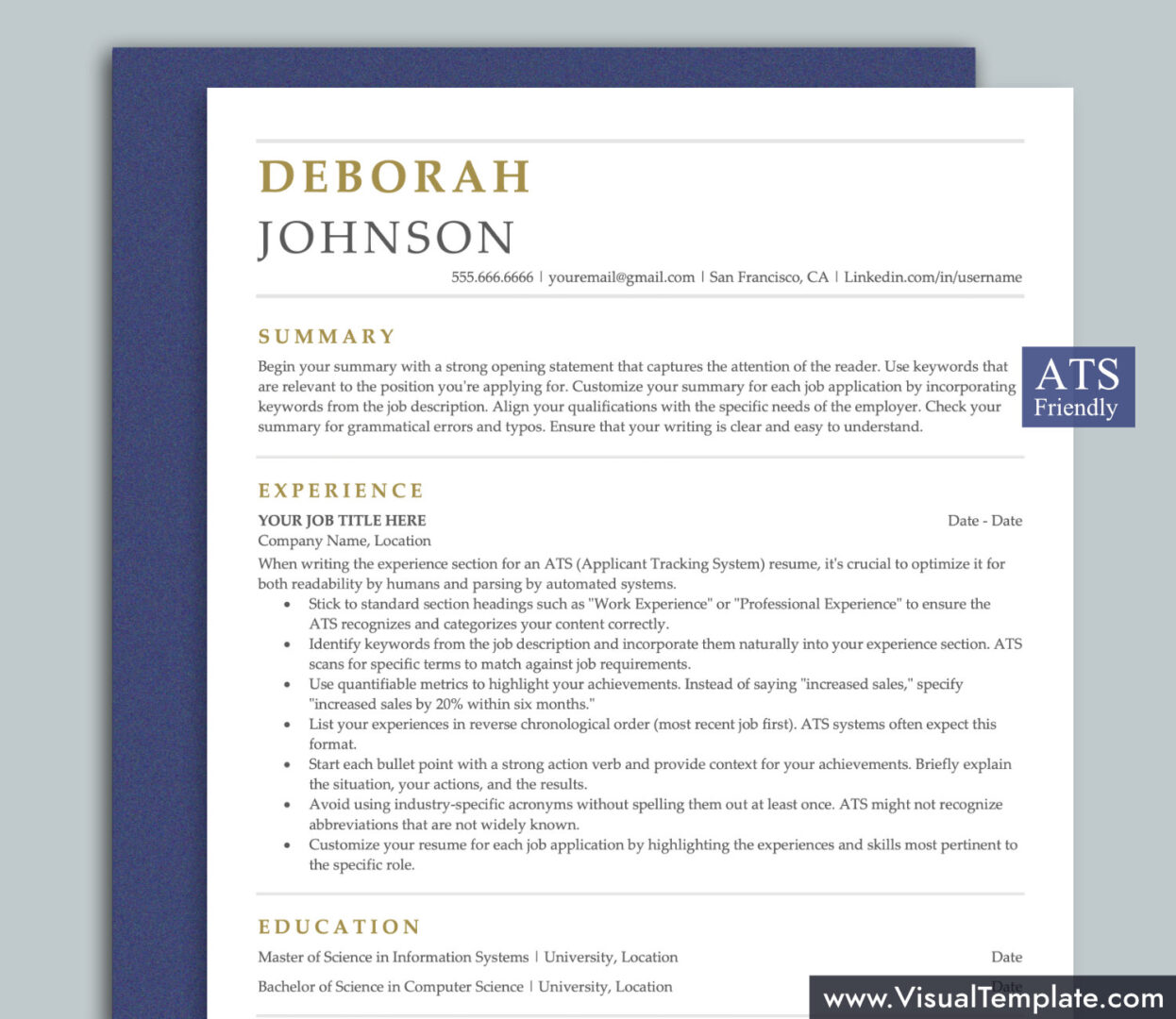 ATS Friendly Resume Template for - Www.VisualTemplate.com ATS Friendly Resume Templates For MS Word DEBORAH 1 1246x1080 